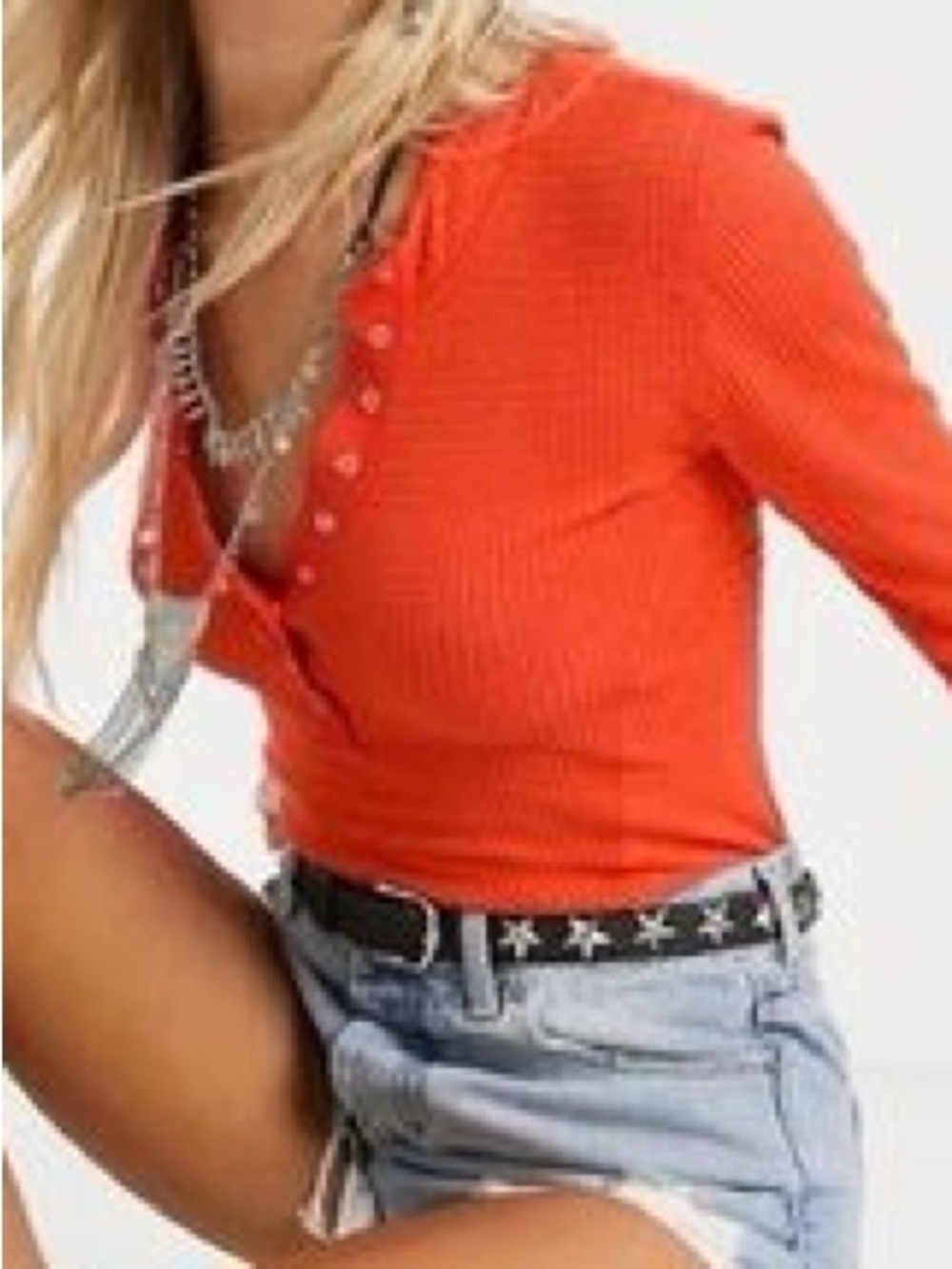 Intimately Free People Kai Bright Orange Textured Thermal Long Sleeve Henley Top - Picture 2 of 9